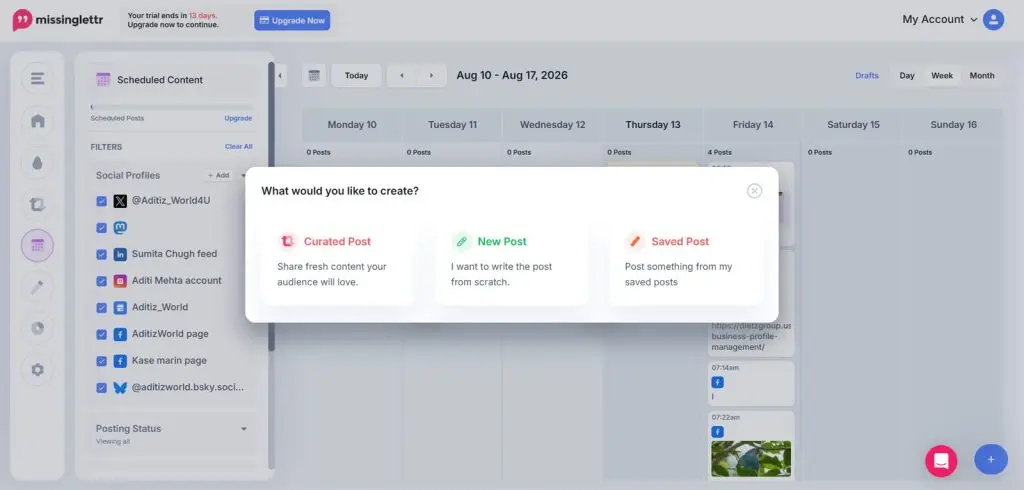 Missinglettr post type options covering text, image and link posts