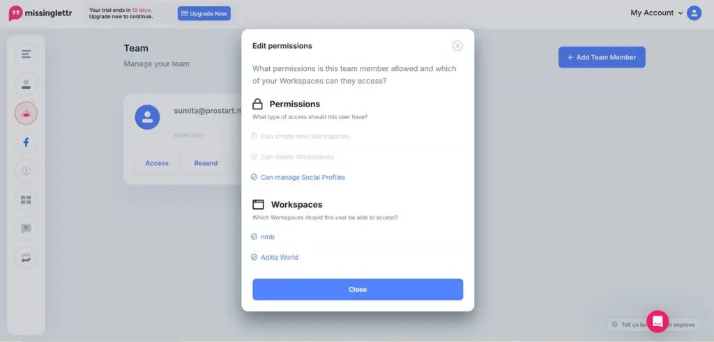 Missinglettr user permission toggles for creating workspaces, deleting workspaces and managing social profiles