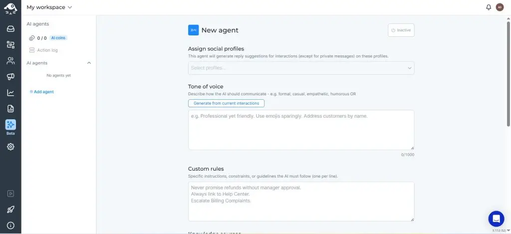 NapoleonCat AI Agent setup screen with tone of voice, rules and knowledge sources