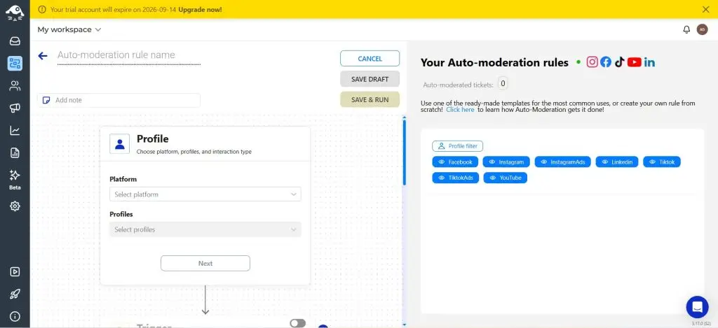 NapoleonCat auto-moderation rule builder with profile, trigger and action nodes