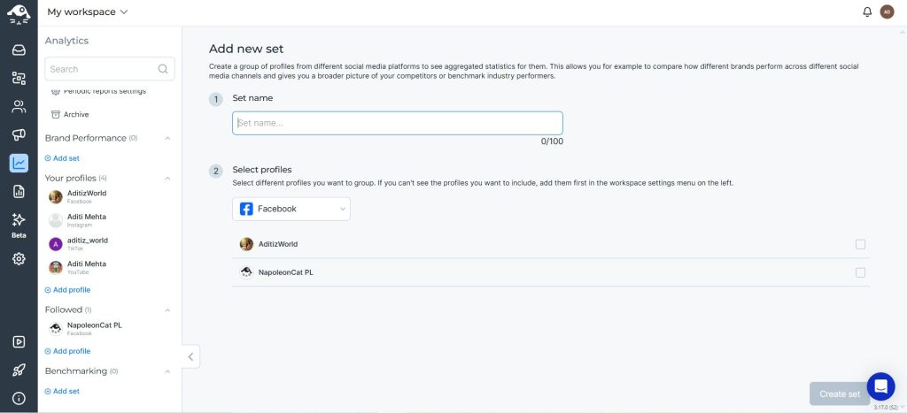 NapoleonCat benchmarking set grouping followed competitor profiles