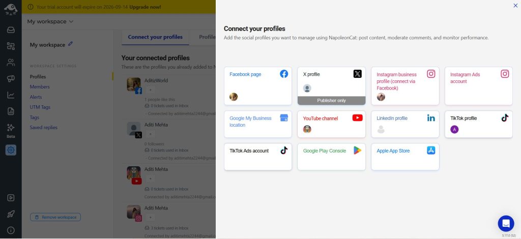 NapoleonCat screen for connecting social profiles to a workspace
