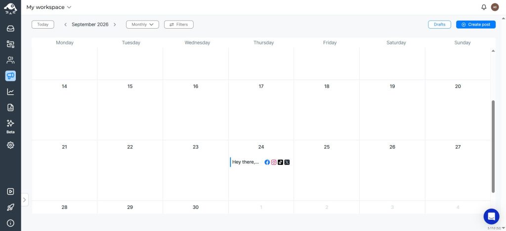 NapoleonCat content calendar showing scheduled posts as text entries with platform icons