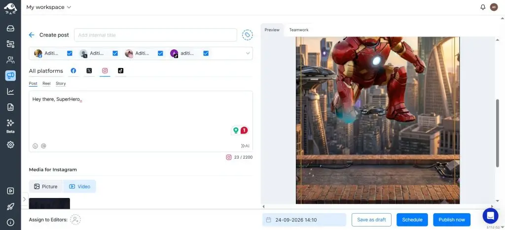 NapoleonCat post composer with Post, Reel and Story tabs and per-platform previews