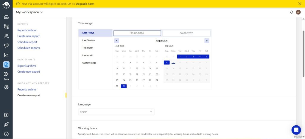 NapoleonCat inbox activity report of moderator work inside and outside working hours