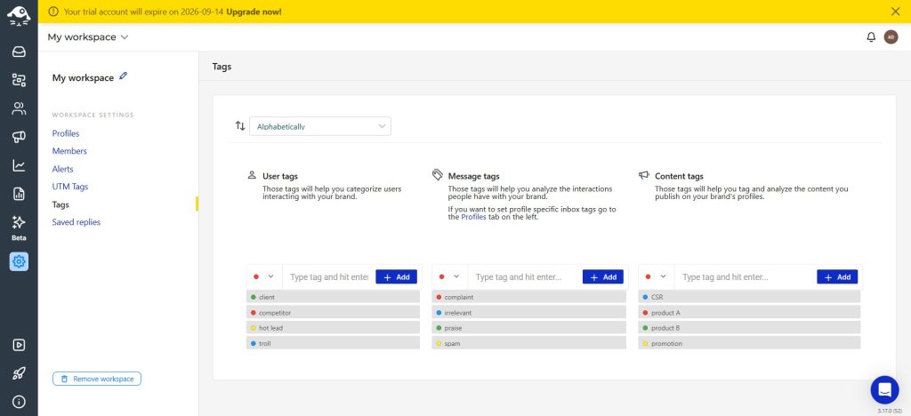 NapoleonCat inbox tags used to label and filter conversations