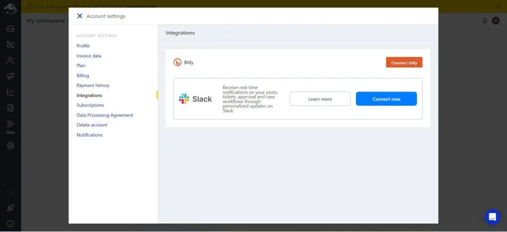 NapoleonCat integrations page listing Bitly and Slack