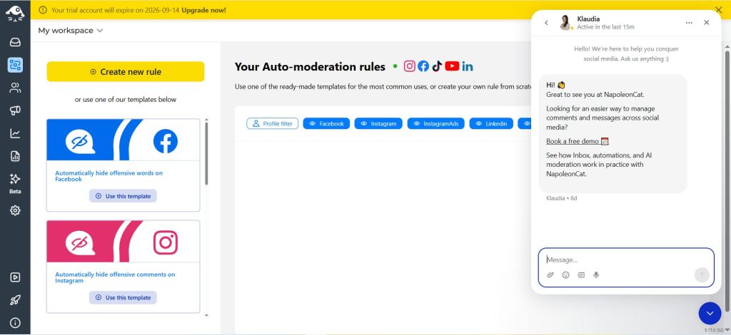 NapoleonCat live chat support window inside the app