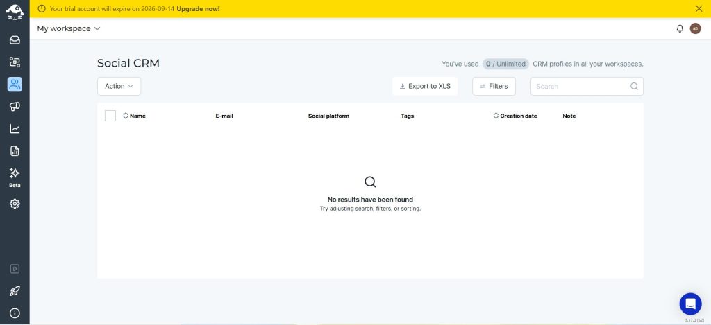 NapoleonCat Social CRM table of contact profiles with tags and notes