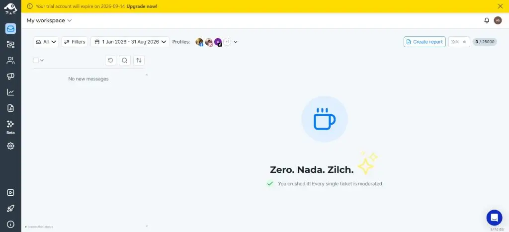 NapoleonCat Social Inbox listing comments and messages across connected profiles