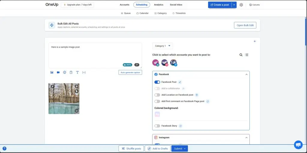 OneUp bulk upload menu for scheduling posts from a CSV file