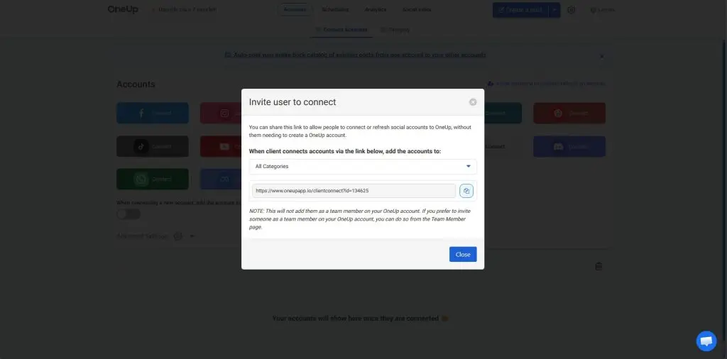OneUp client invite screen for connecting social accounts without sharing passwords
