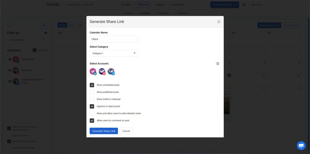 Creating a shareable client calendar and approval link in OneUp