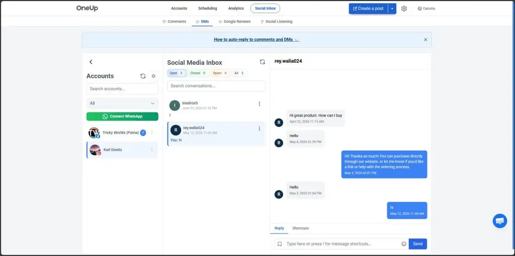 OneUp social inbox showing comments and messages from multiple connected networks