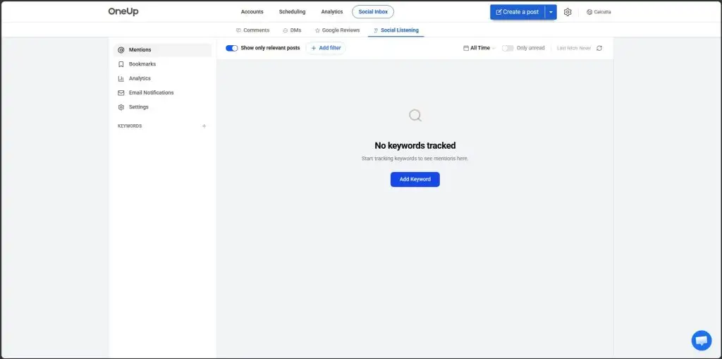 OneUp social listening dashboard tracking keyword and competitor mentions