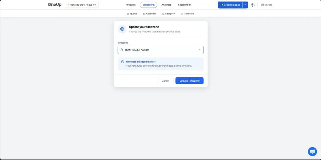OneUp account-level time zone setting screen