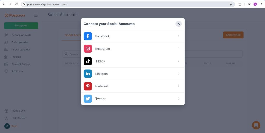 Postcron Connect your Social Accounts dialog listing Facebook, Instagram, TikTok, LinkedIn, Pinterest and Twitter