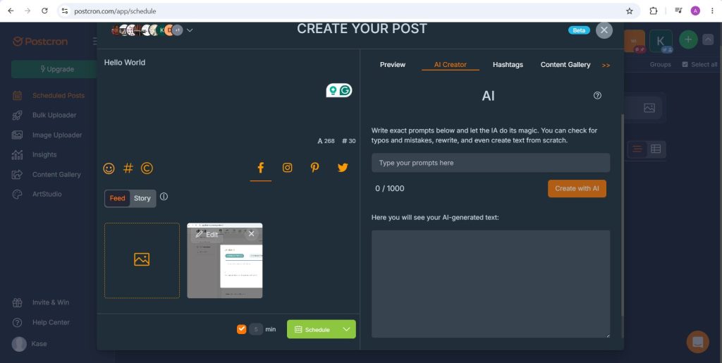 Postcron AI Creator tab in the composer with a prompt box and Create with AI button
