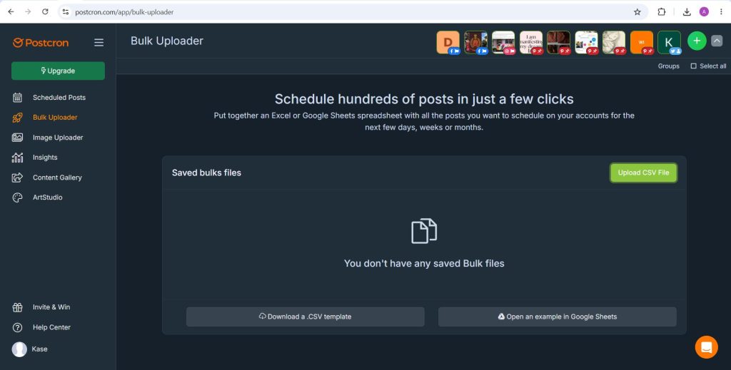 Postcron Bulk Uploader screen with Upload CSV File and Download a CSV template buttons