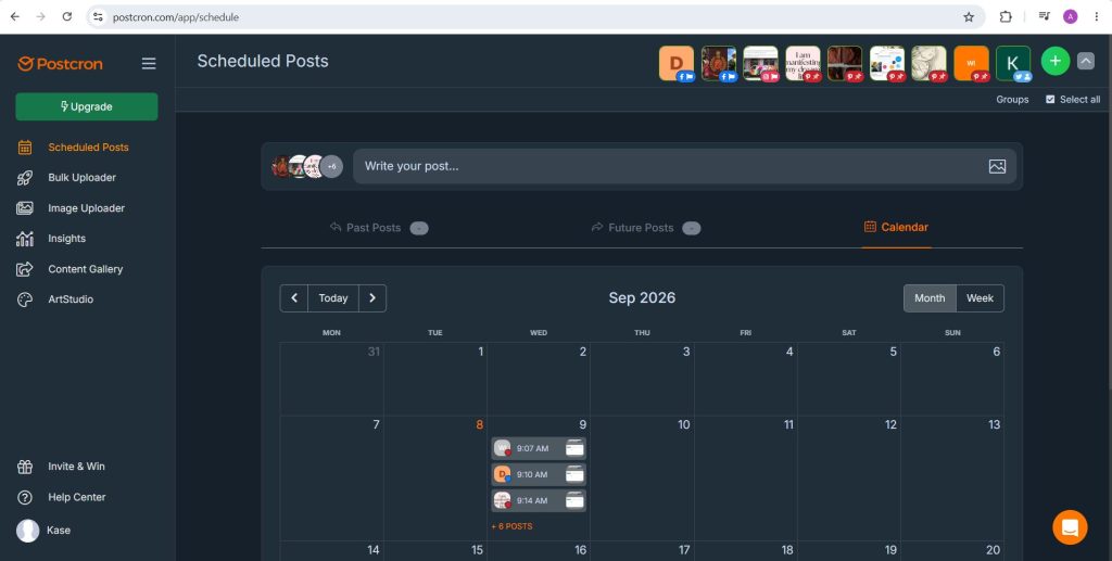 Postcron calendar in month view showing scheduled posts on a single day