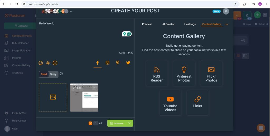 Postcron Content Gallery tab offering RSS Reader, Pinterest Photos, Flickr Photos, YouTube Videos and Links