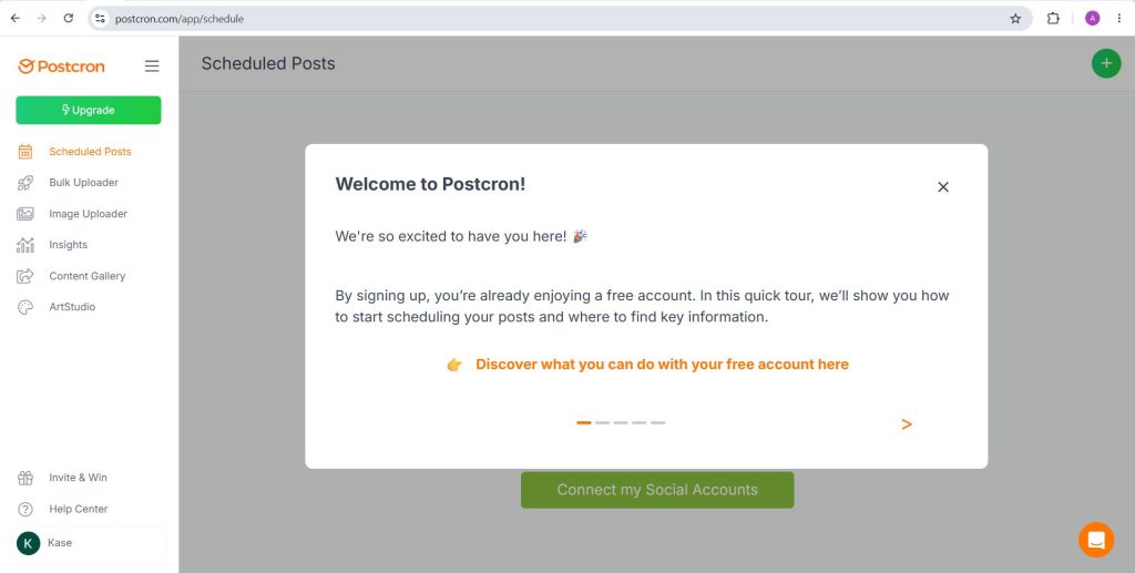 Postcron Scheduled Posts dashboard with the welcome tour on a free account