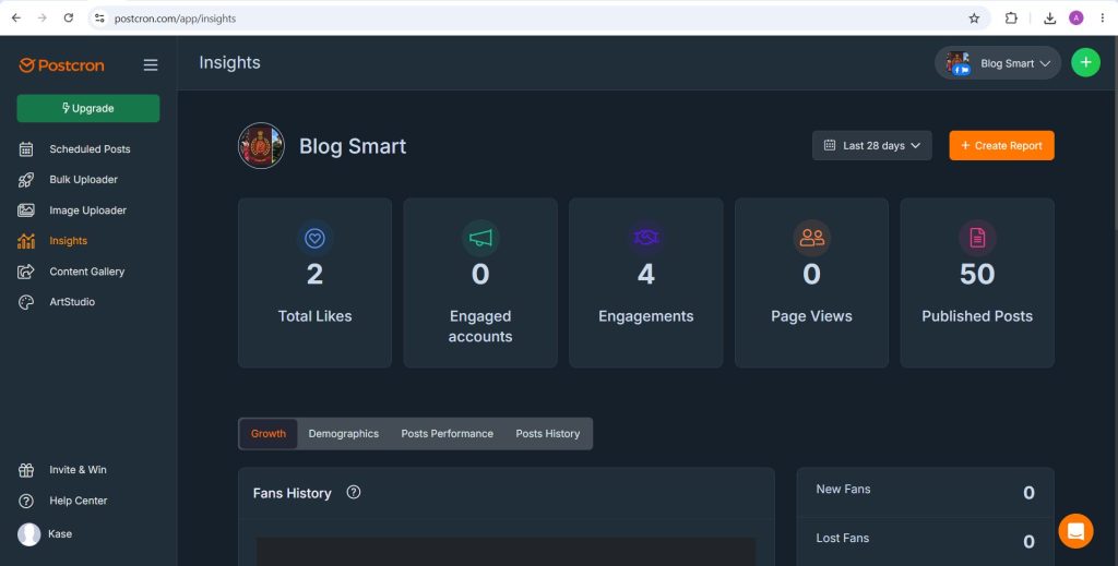 Postcron Insights for a Facebook Page showing total likes, engaged accounts, engagements, page views and published posts