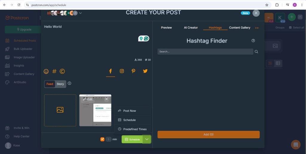 Postcron Hashtag Finder tab with a search box and Post Now, Schedule and Predefined Times options