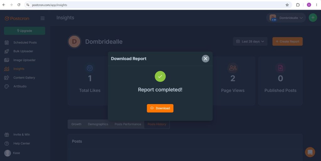 Postcron Insights Download Report dialog with a completed report ready to download