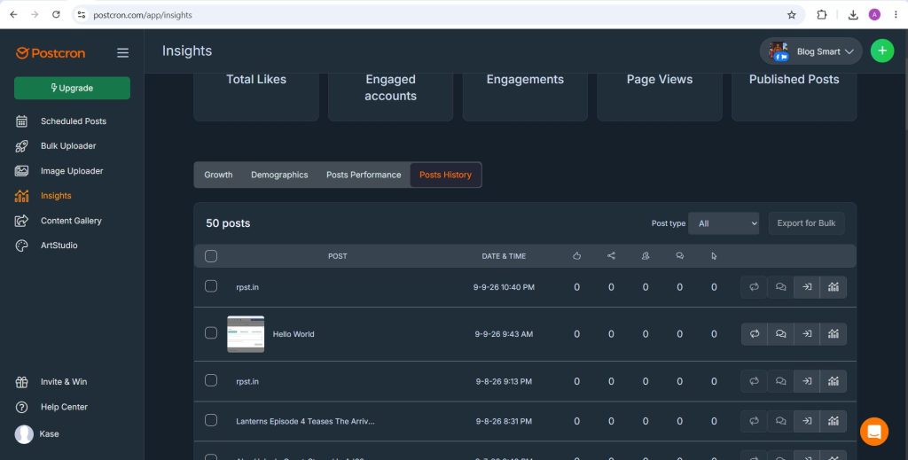 Postcron Insights Posts History tab listing published posts with an Export for Bulk button