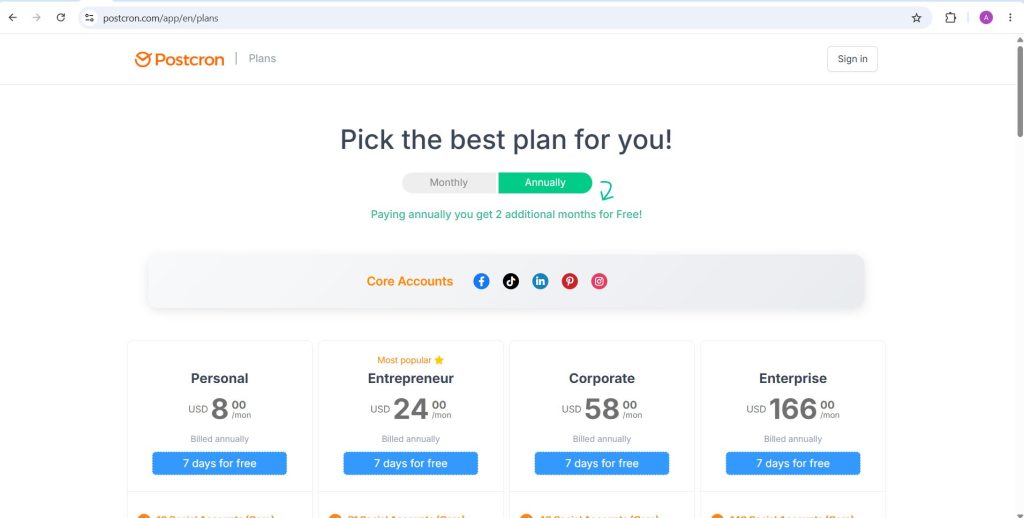 Postcron plans page showing Personal, Entrepreneur, Corporate and Enterprise prices billed annually