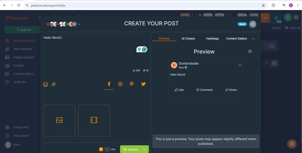 Postcron Create Your Post composer with one text field and a Facebook preview