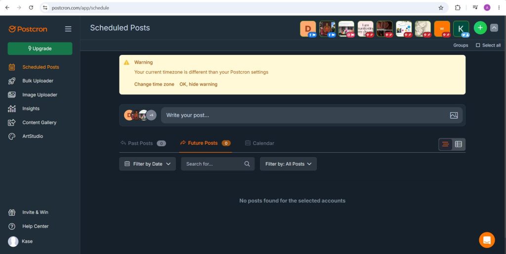 Postcron Scheduled Posts screen with Past Posts, Future Posts and Calendar tabs, date filter, search and post type filter