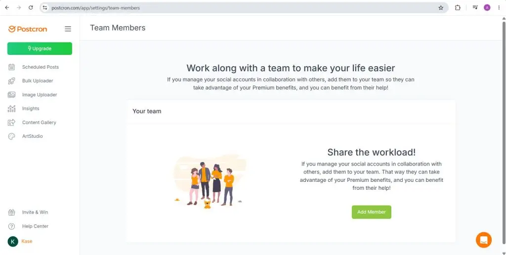Postcron Team Members page with an Add Member button