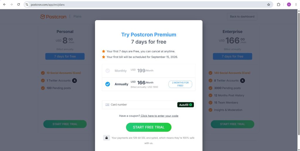 Postcron 7-day free trial checkout asking for a card number