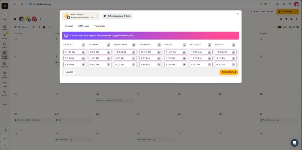 Postfity AI timetable three daily slots seven days