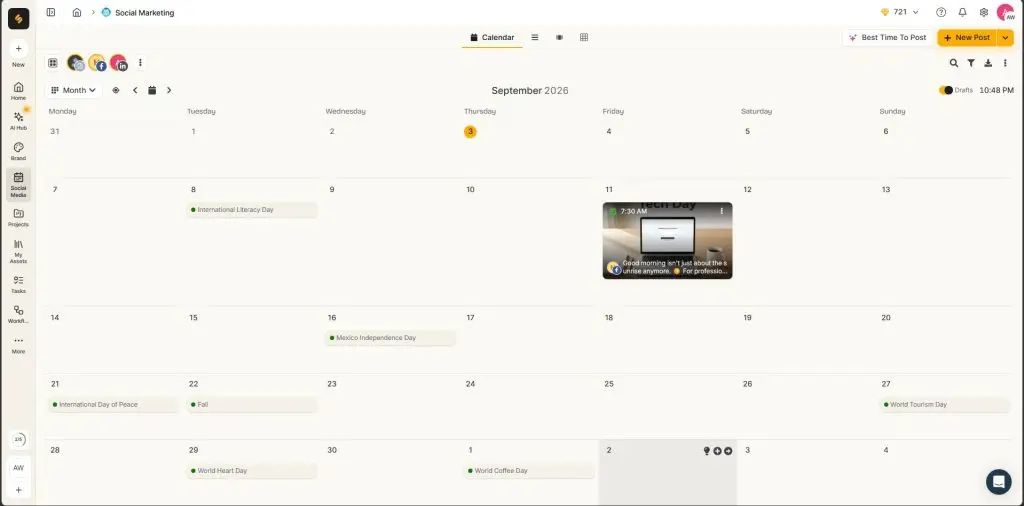 Postfity calendar month view content holidays account filters