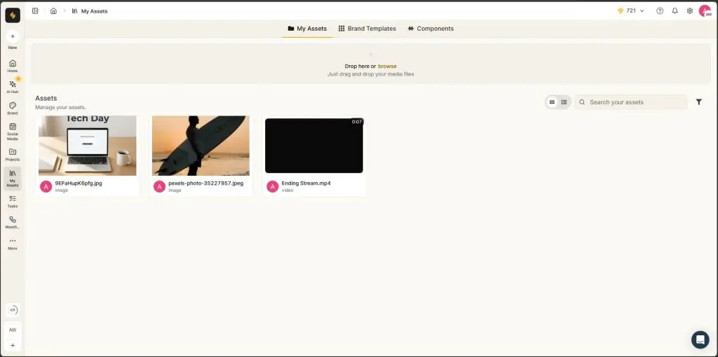 Postfity My Assets media files Brand Templates Components