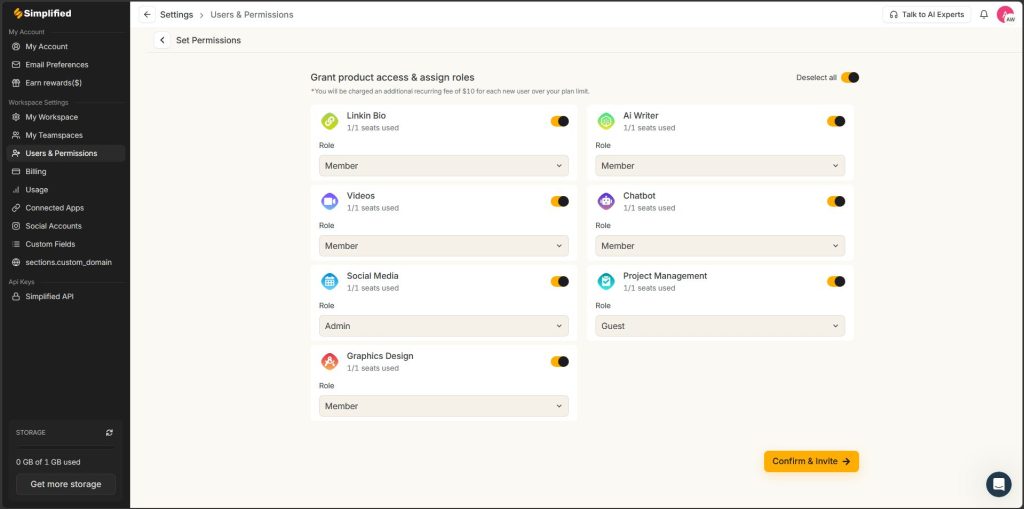 Postfity invite screen product access Admin Member Guest roles
