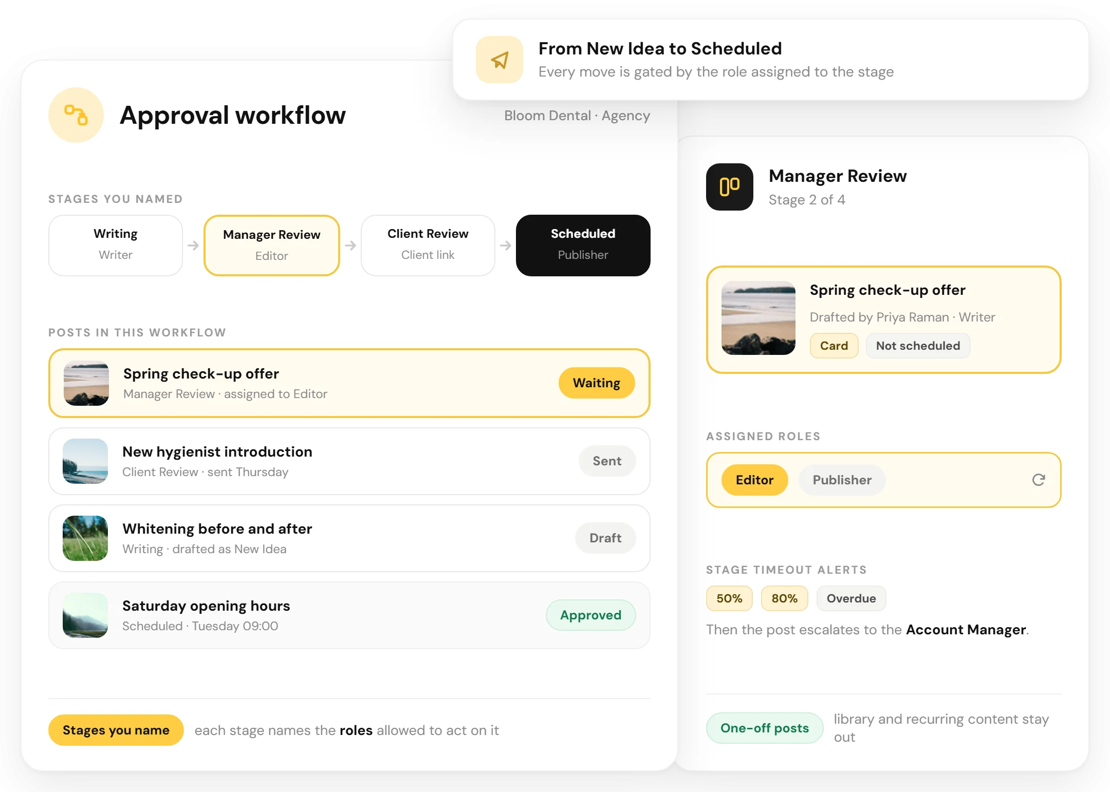 A RecurPost approval workflow with the stages Writing, Manager Review, Client Review and Scheduled, and the posts currently sitting in each one