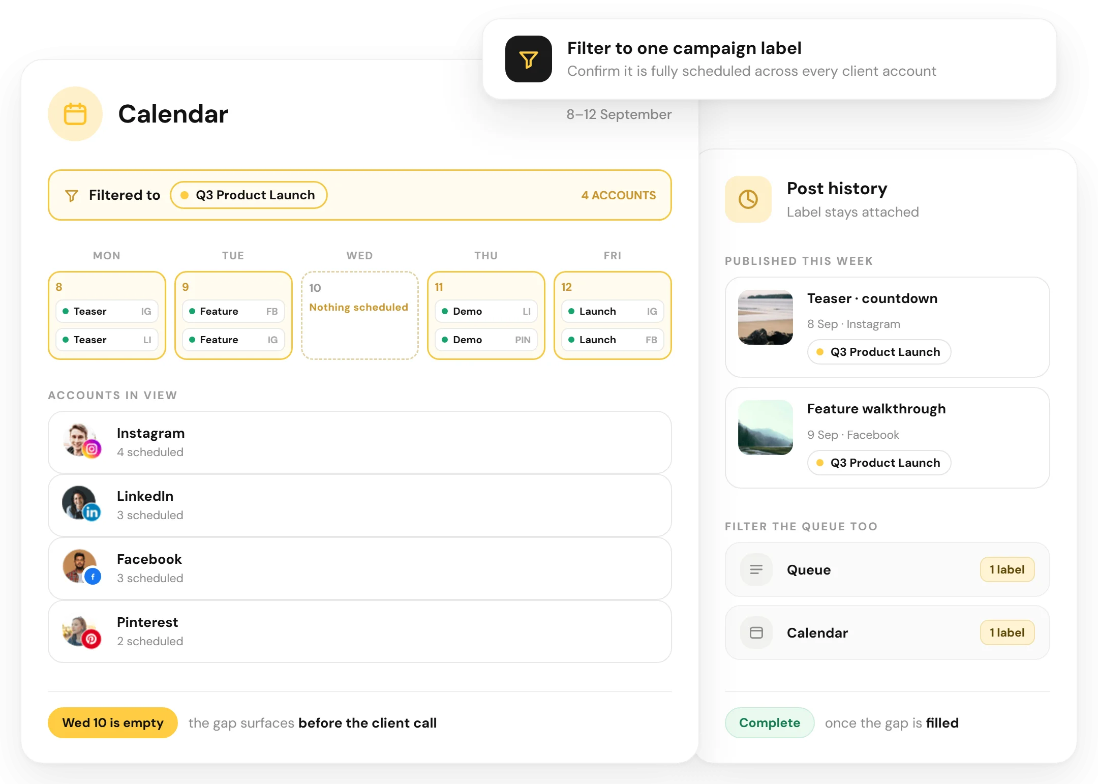 RecurPost calendar filtered by campaign label