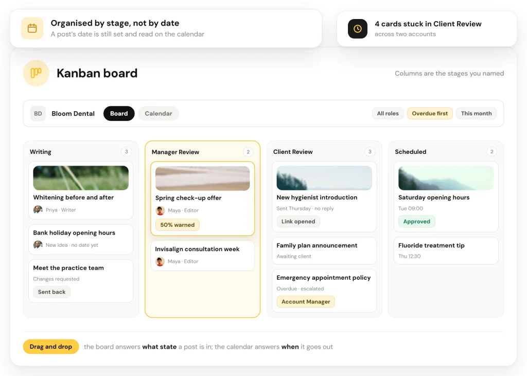RecurPost Kanban board with Writing, Manager Review, Client Review and Scheduled columns