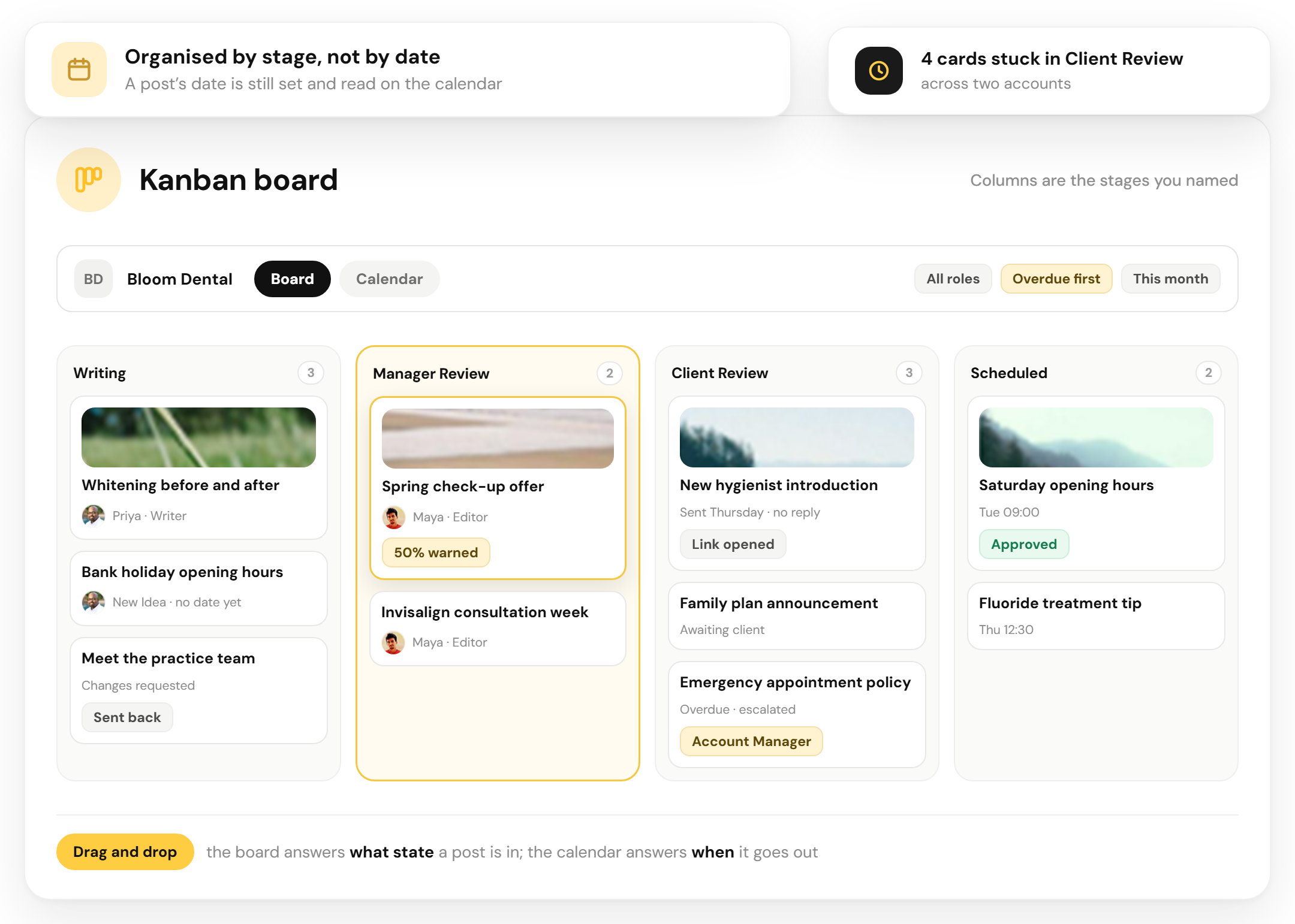 RecurPost Kanban board cards moving between workflow stages