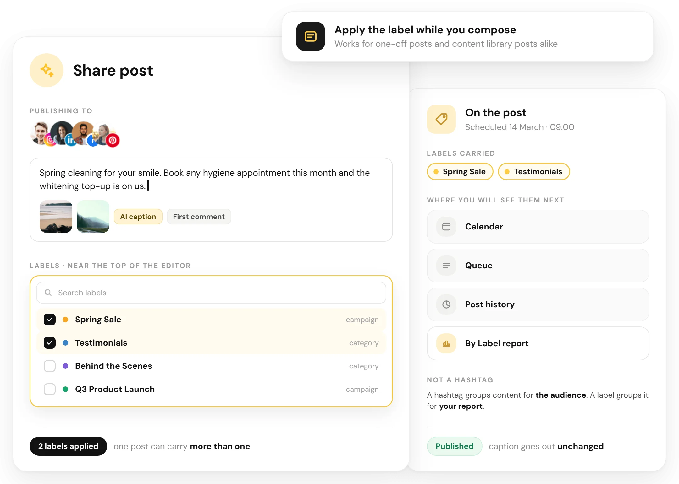 RecurPost Labels manager, campaign and category tags