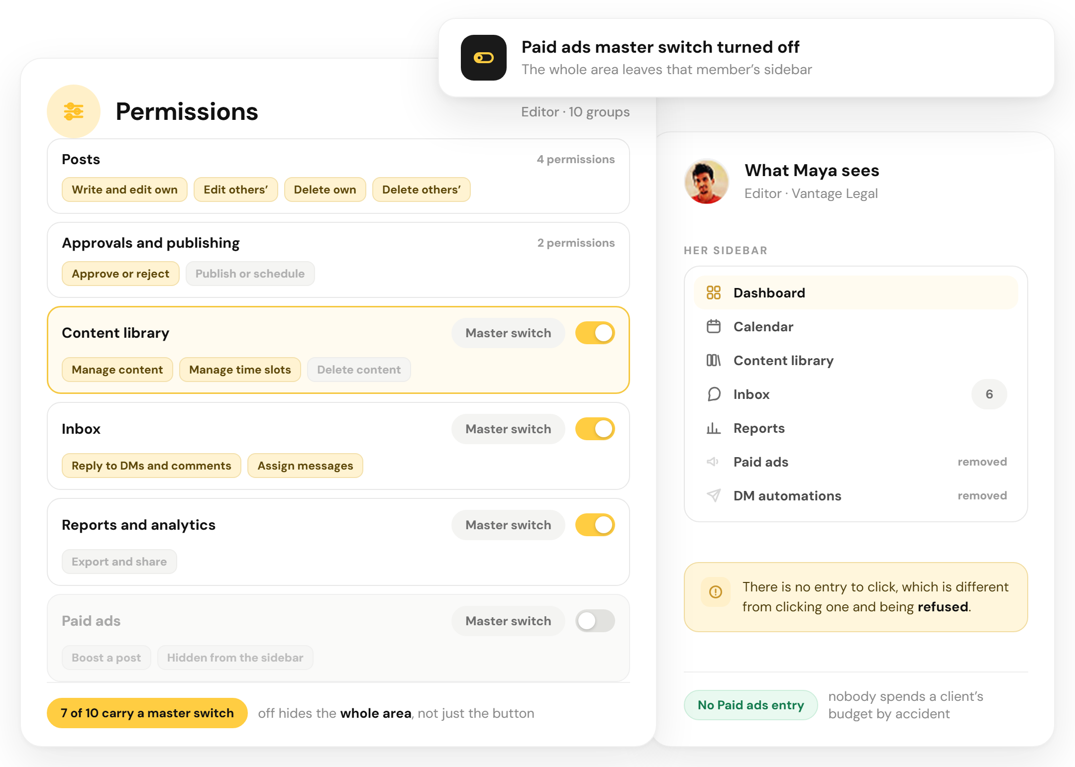 RecurPost permission groups with the Paid ads master switch turned off and the member sidebar showing the Paid ads area removed