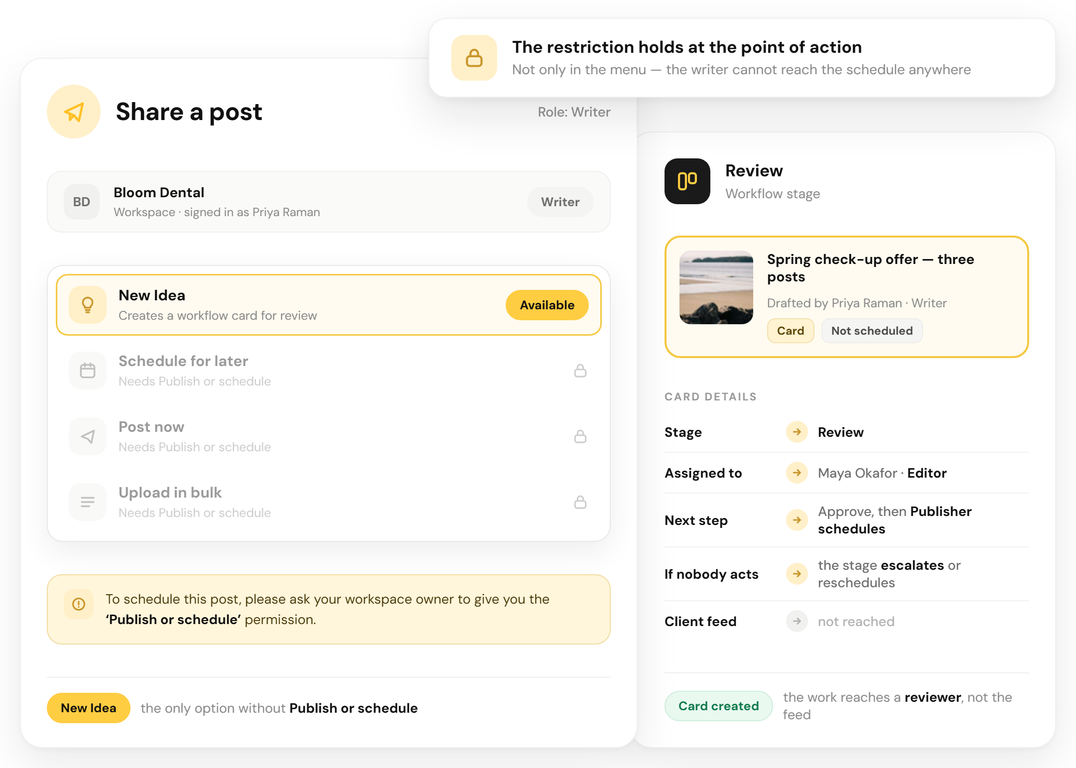 A restricted RecurPost member Share a post menu offering only New Idea, beside the workflow card that the post becomes in the Review stage
