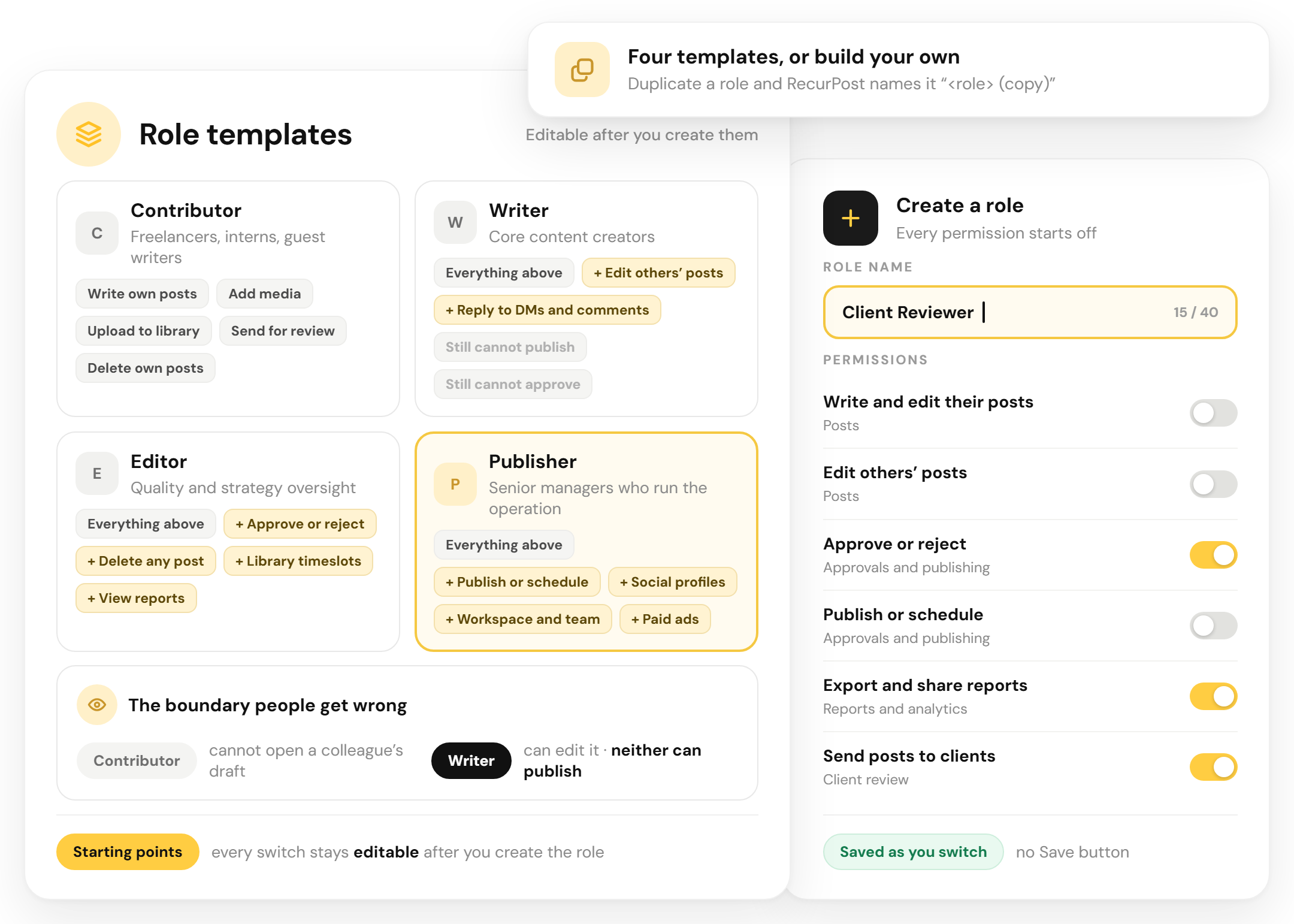 The four RecurPost role templates - Contributor, Writer, Editor and Publisher - beside a custom role being built from individual permission switches