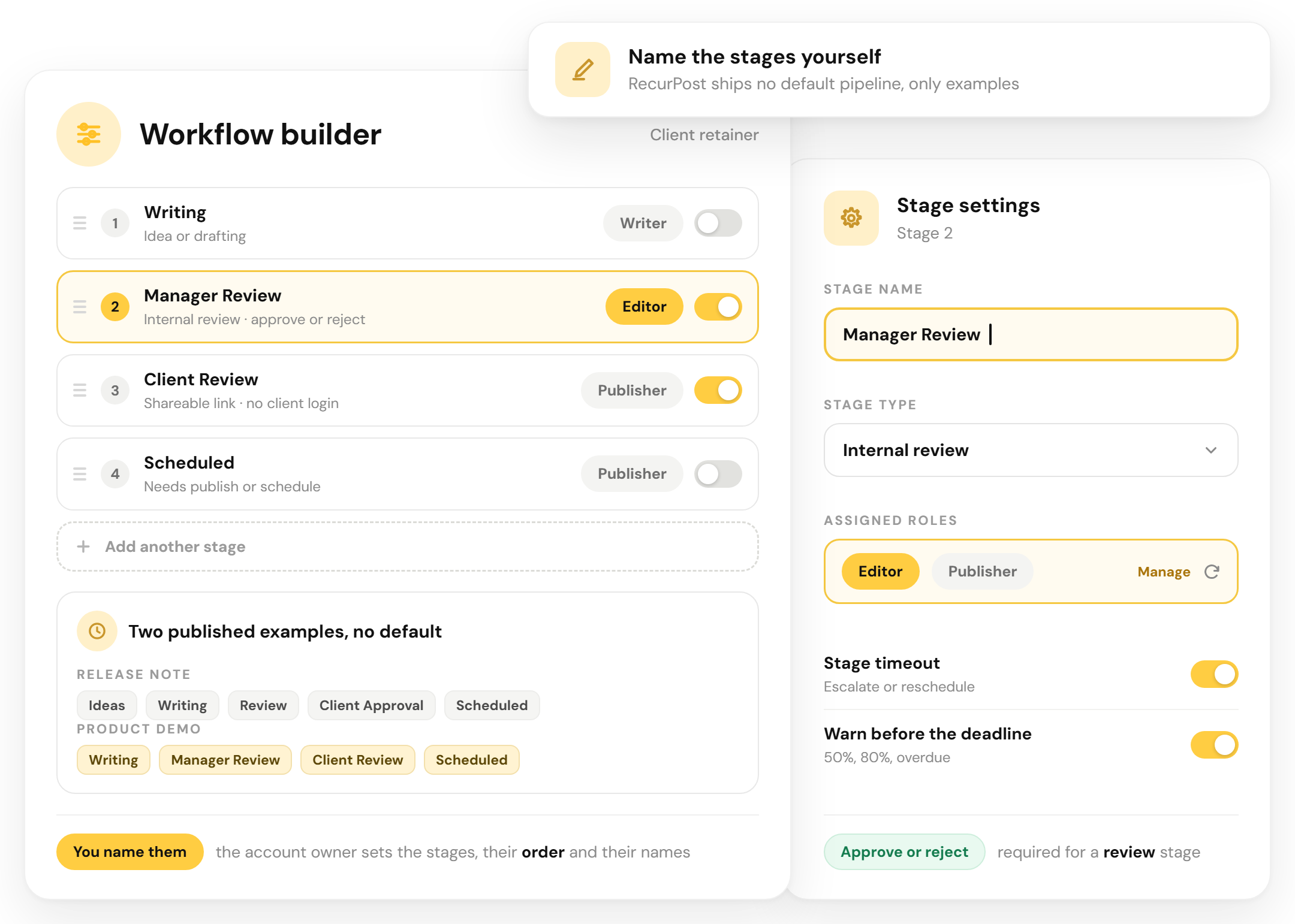 RecurPost workflow builder named approval stages