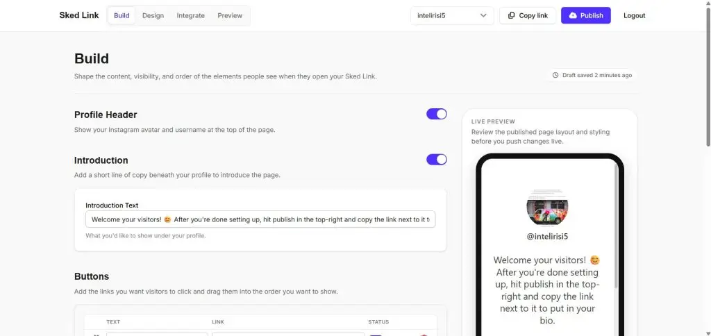 Sked Link builder with profile header, introduction and buttons alongside a live preview