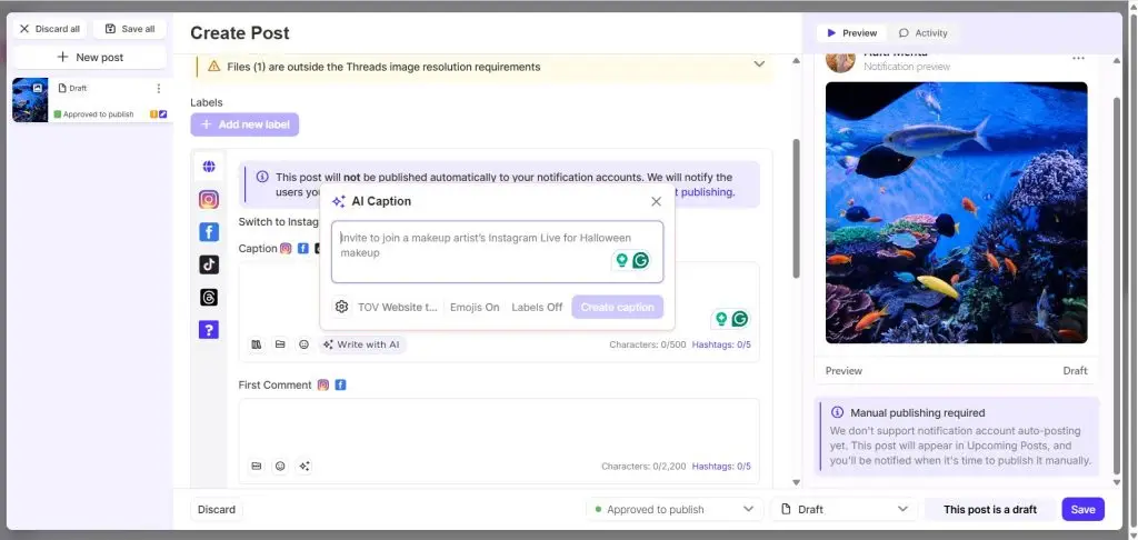 AI Caption dialog in the Sked Social composer with tone-of-voice settings